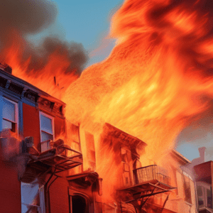 A firefighter's helmet camera view of intense flames engulfing the roof of a Philadelphia row house, with firefighters battling the blaze and smoke billowing into the sky.