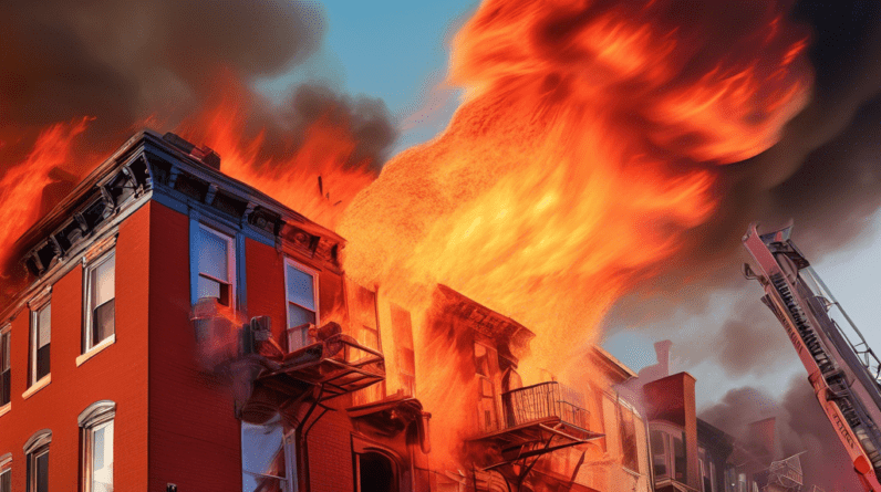 A firefighter's helmet camera view of intense flames engulfing the roof of a Philadelphia row house, with firefighters battling the blaze and smoke billowing into the sky.