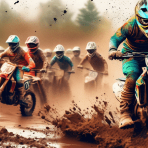 A motocross rider wearing a helmet cam races through a muddy obstacle course with a cheering crowd in the background and a drone shot of the event overlaid in the top corner.