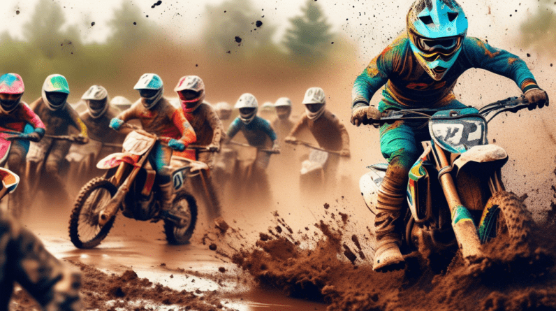 A motocross rider wearing a helmet cam races through a muddy obstacle course with a cheering crowd in the background and a drone shot of the event overlaid in the top corner.
