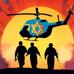 Four figures silhouetted against a rising sun, being carried towards a helicopter with the Star of David emblem, as smoke billows in the background.