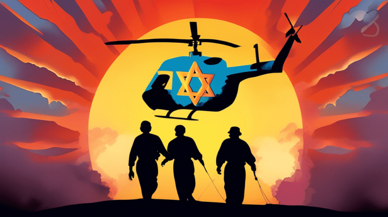 Four figures silhouetted against a rising sun, being carried towards a helicopter with the Star of David emblem, as smoke billows in the background.