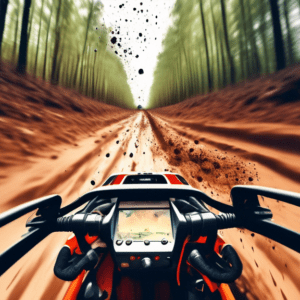 A rally car driver's POV from a helmet camera, speeding through a forest track, with mud splattering on the lens.