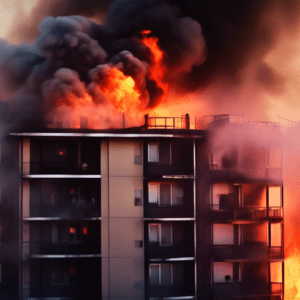 A lone firefighter's helmet camera view of a blazing apartment inferno with smoke obscuring a flickering silhouette in the window.