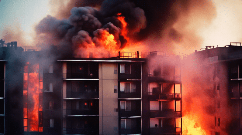 A lone firefighter's helmet camera view of a blazing apartment inferno with smoke obscuring a flickering silhouette in the window.