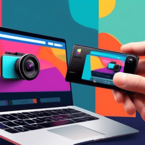 A hand holding a sleek action camera in front of a laptop displaying a webpage with Action Camera Sale! and multiple cameras on offer.