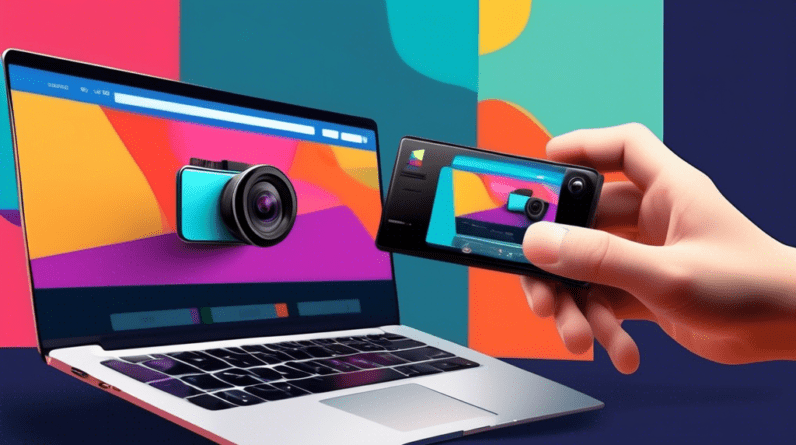 A hand holding a sleek action camera in front of a laptop displaying a webpage with Action Camera Sale! and multiple cameras on offer.