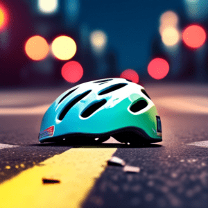 A cracked bicycle helmet lying on the road in front of a blurred out accident scene with flashing ambulance lights in the background.