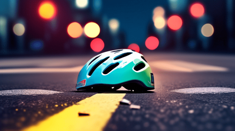 A cracked bicycle helmet lying on the road in front of a blurred out accident scene with flashing ambulance lights in the background.