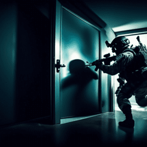 A first-person perspective helmet cam view of a SWAT team member breaching a door and rescuing a hostage in a dark room.