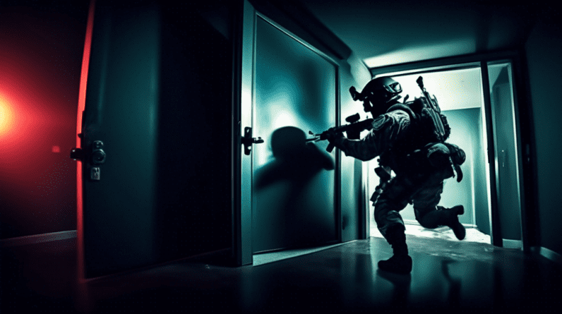 A first-person perspective helmet cam view of a SWAT team member breaching a door and rescuing a hostage in a dark room.