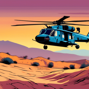 An Israeli Air Force helicopter flying low over a desert landscape at dusk, carrying rescued hostages and soldiers, with a sense of urgency and relief.