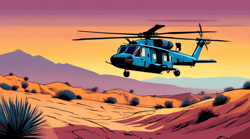 An Israeli Air Force helicopter flying low over a desert landscape at dusk, carrying rescued hostages and soldiers, with a sense of urgency and relief.