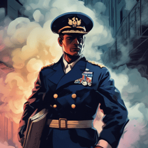 A determined navy officer in a torn uniform, clutching a survival guide, stands triumphantly amidst a cloud of dissipating gunpowder smoke in a dark alleyway.