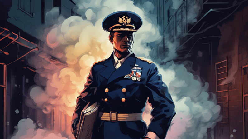 A determined navy officer in a torn uniform, clutching a survival guide, stands triumphantly amidst a cloud of dissipating gunpowder smoke in a dark alleyway.