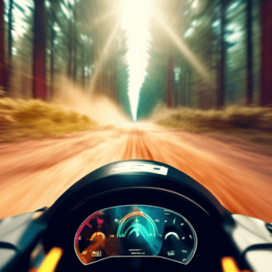 A rally car driver's point of view through a helmet camera lens, speeding through a forest track with motion blur, dust, and lens flares, with a futuristic HUD overlay displaying telemetry data.