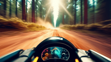 A rally car driver's point of view through a helmet camera lens, speeding through a forest track with motion blur, dust, and lens flares, with a futuristic HUD overlay displaying telemetry data.