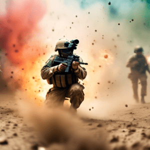 A first person perspective through a soldier's helmet camera during a military operation, dust in the air, blurred vision, muzzle flash.