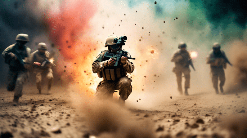 A first person perspective through a soldier's helmet camera during a military operation, dust in the air, blurred vision, muzzle flash.