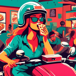 A security camera view of a bustling pizza restaurant with a thief in a motorcycle helmet grabbing a woman's purse as she lifts a slice of pizza to her mouth.