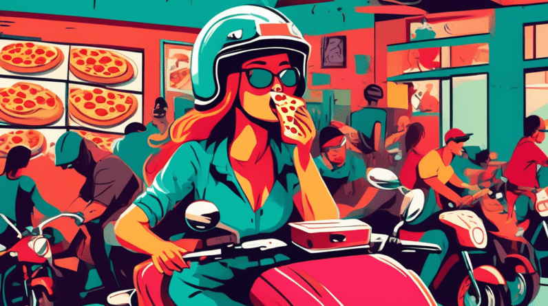A security camera view of a bustling pizza restaurant with a thief in a motorcycle helmet grabbing a woman's purse as she lifts a slice of pizza to her mouth.
