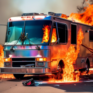 A burning RV with a cracked windshield reflecting a fireman's helmet with a visible POV camera footage of the fire.