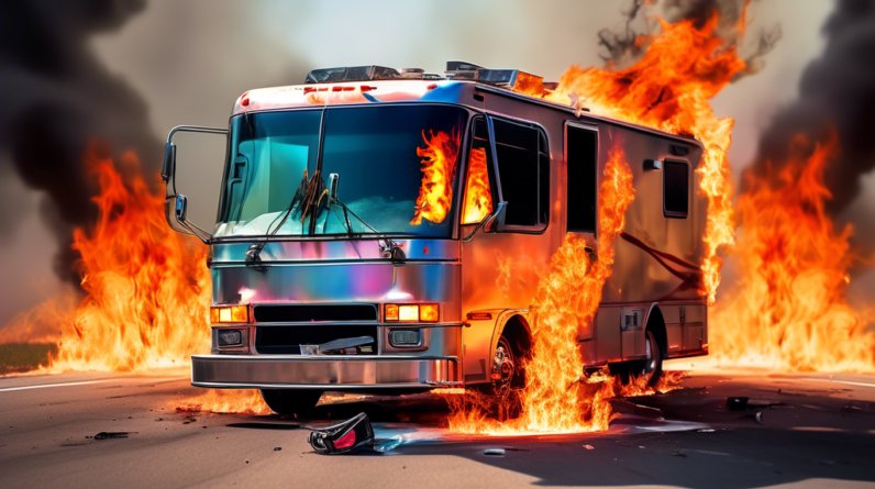 A burning RV with a cracked windshield reflecting a fireman's helmet with a visible POV camera footage of the fire.