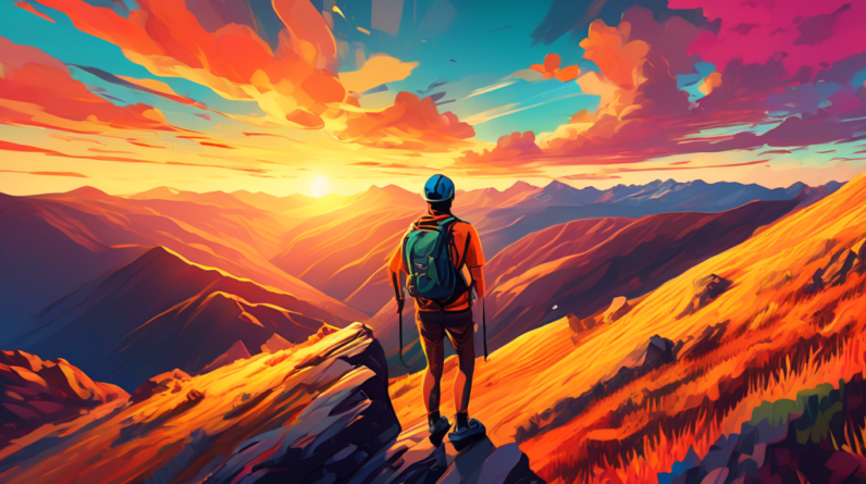 A GoPro camera capturing a breathtaking mountaintop vista with a hiker overlooking a valley during golden hour.