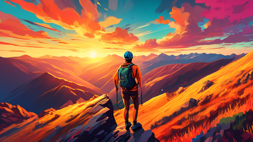 A GoPro camera capturing a breathtaking mountaintop vista with a hiker overlooking a valley during golden hour.