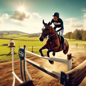 A GoPro helmet cam view of a horse and rider galloping towards a solid cross country jump with Bouckaert Farm's rolling hills and eventing obstacles in the background.