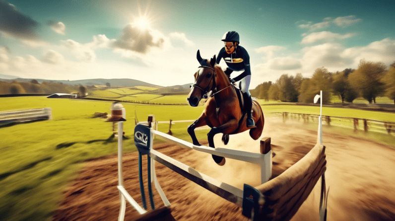 A GoPro helmet cam view of a horse and rider galloping towards a solid cross country jump with Bouckaert Farm's rolling hills and eventing obstacles in the background.