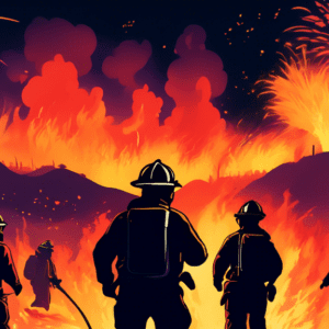 A firefighter's helmet cam view of a raging wildfire at night, with fireworks exploding in the distance and silhouetted figures battling the flames.