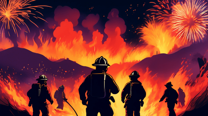 A firefighter's helmet cam view of a raging wildfire at night, with fireworks exploding in the distance and silhouetted figures battling the flames.