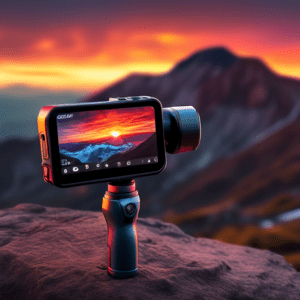 A rugged DJI Osmo Action 4 camera capturing a breathtaking sunset over a mountain landscape, showcasing its versatility.