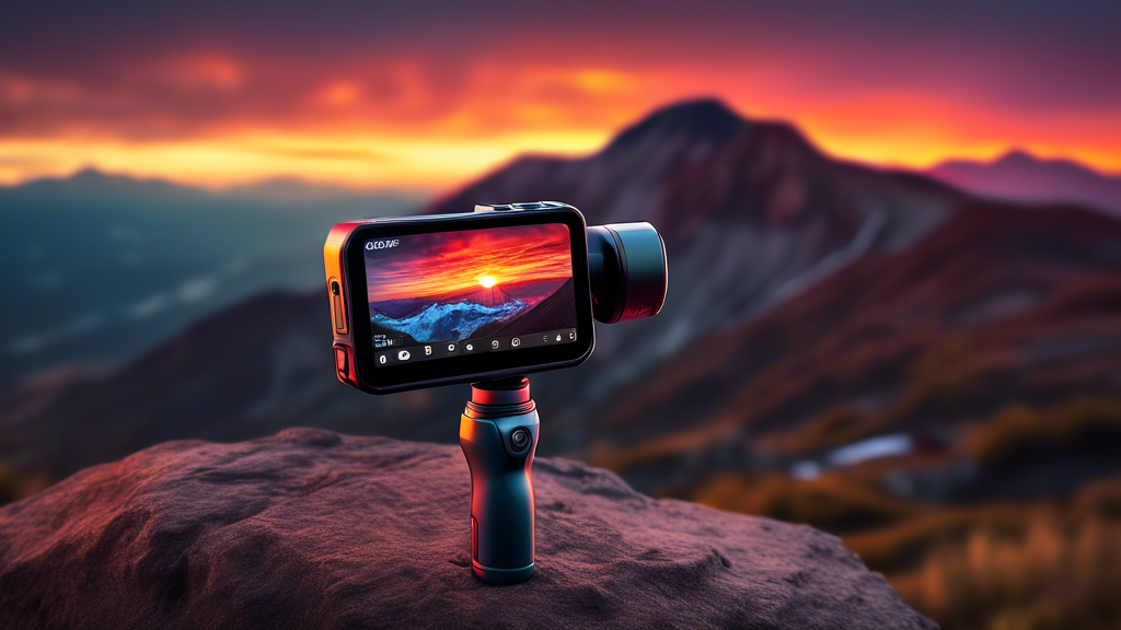 A rugged DJI Osmo Action 4 camera capturing a breathtaking sunset over a mountain landscape, showcasing its versatility.