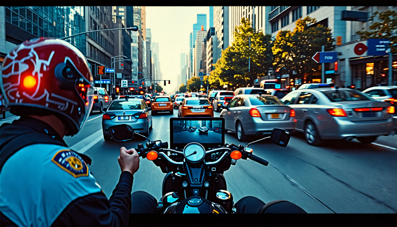 A dramatic scene captured from a biker's helmet camera showing a busy urban street with multiple cars and motorbikes recklessly weaving through traffic. The image includes police officers taking notes