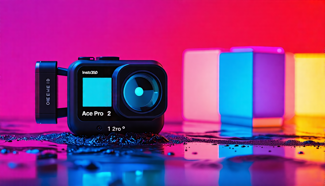 Generate an image showcasing the new Insta360 Ace Pro 2 action camera with a sleek, modern design. Highlight its detailed specs including high resolution, multiple lenses, and robust build, designed f