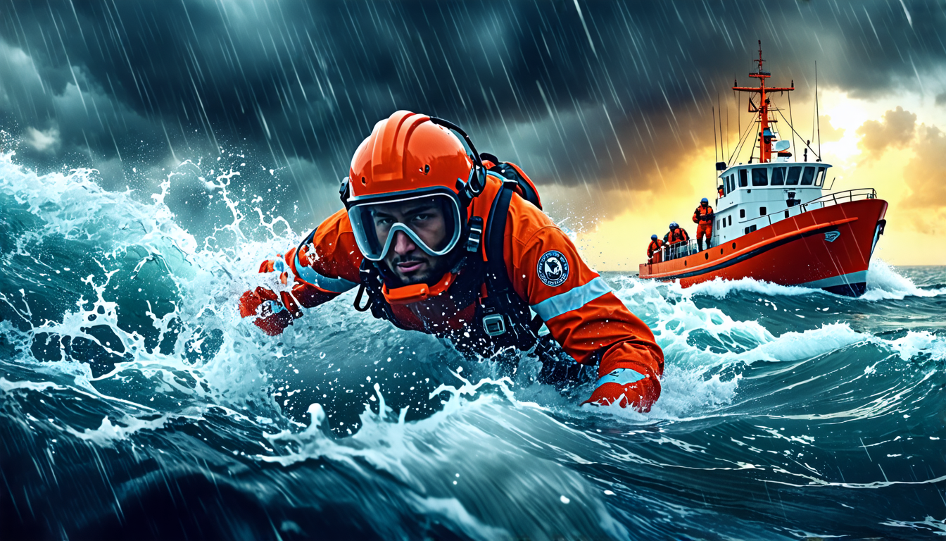 Coast Guard swimmer braving stormy seas, seen through a helmet cam perspective, performing a daring rescue; choppy waves, dark storm clouds, and a sense of urgency highlight the dramatic scene. In the