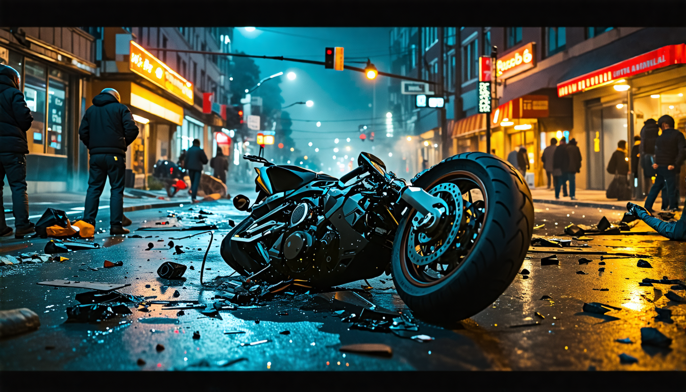 Create a highly detailed, realistic scene captured through the lens of a helmet camera showing the aftermath of a motorcycle crash. The image should focus on the street scattered with debris, the fall