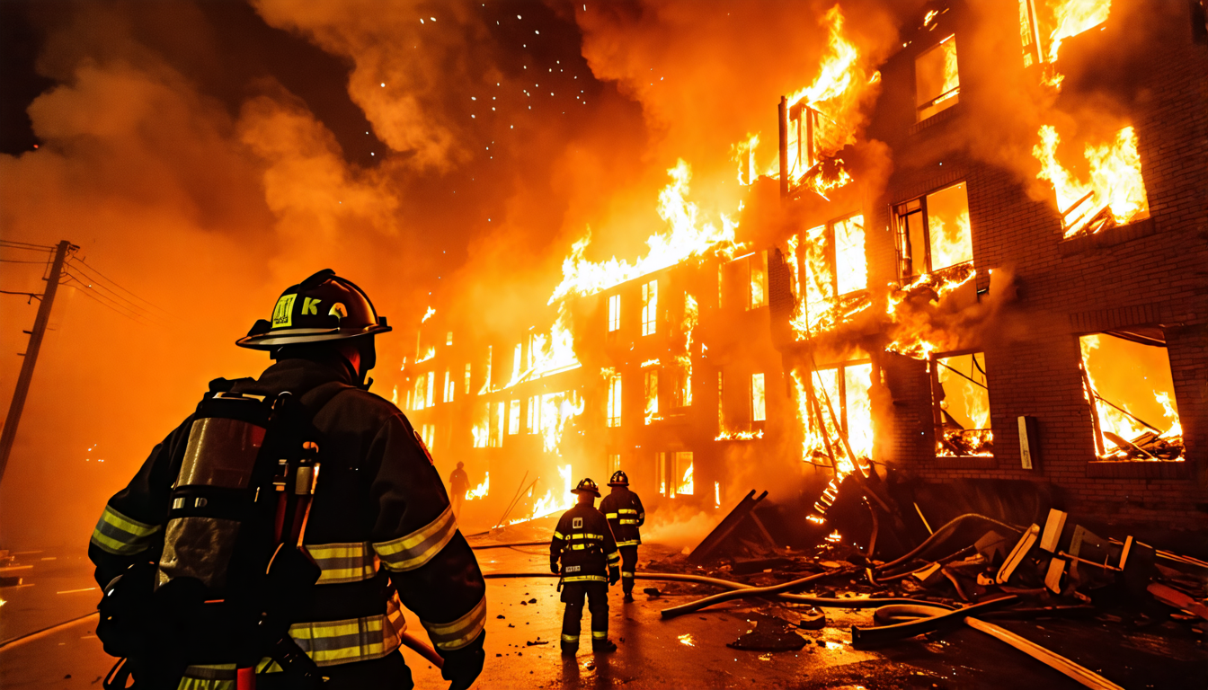 A gripping, first-person perspective image showing the intense and chaotic scene of a firefighter battling a deadly apartment blaze. The viewpoint is from the firefighter's helmet camera, focusing on