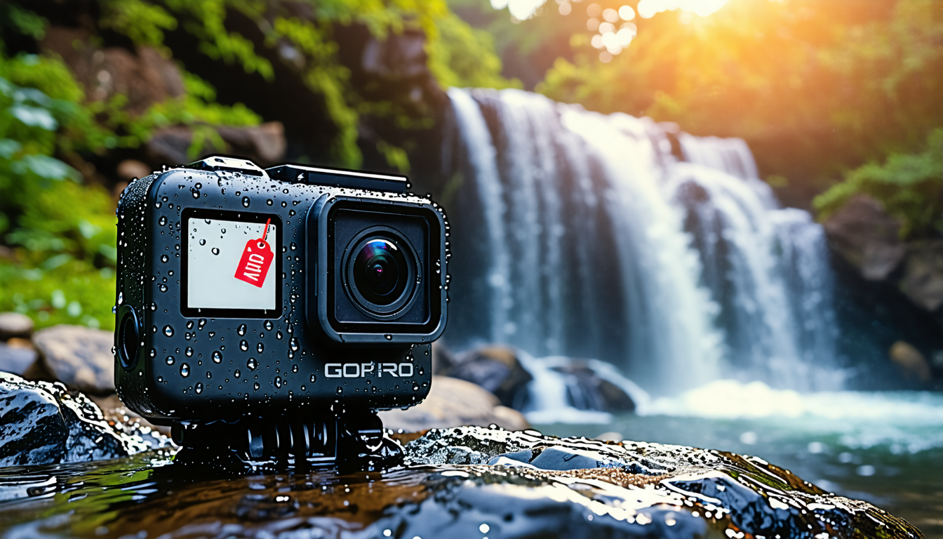 Create an image of a sleek, modern GoPro action camera sitting on a rocky ledge next to a waterfall. The camera appears durable and robust, with water droplets glistening off its surface, emphasizing