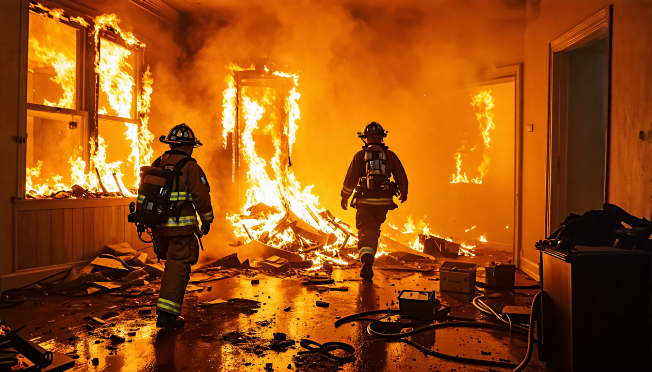 A high-resolution image captured from a firefighter's helmet camera, showing the intense, chaotic scene inside a burning apartment. Flames engulfing the room, thick smoke swirling around, and the silh