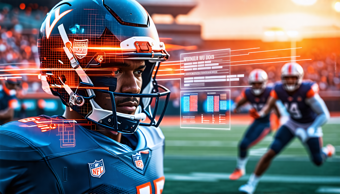 Create a dynamic and futuristic image of a Virginia football quarterback wearing a sleek, high-tech helmet equipped with a camera. The background should feature a vibrant football field with other pla