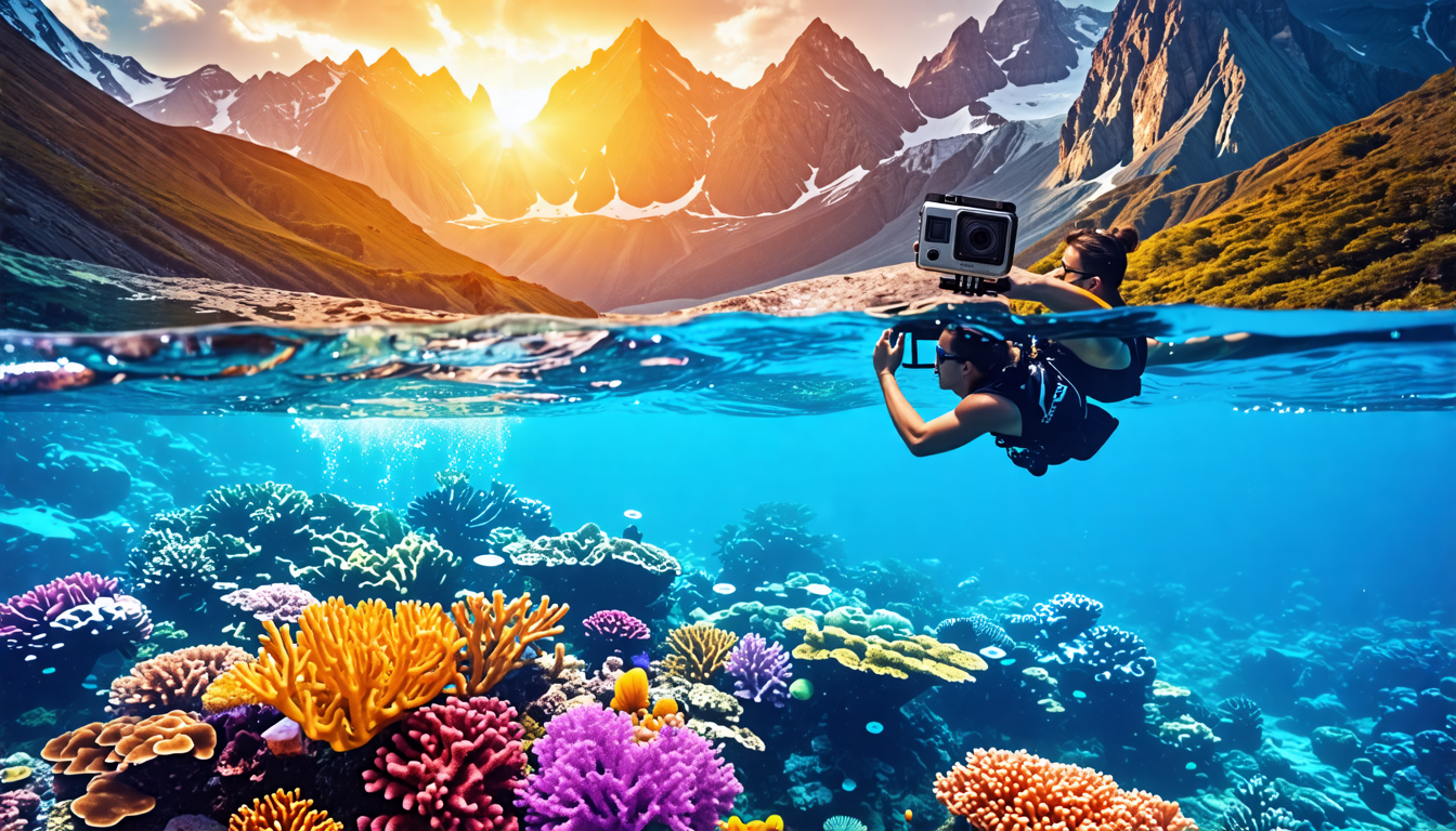 Create an image of a vibrant, adventurous scene split into two sections: the top half shows a person capturing a stunning mountain landscape with a GoPro Hero 13 Black, while the bottom half depicts t