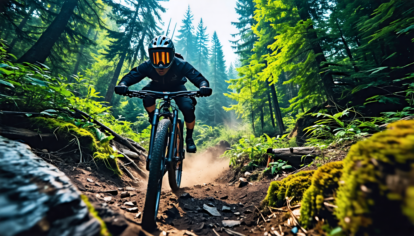 Create a high-definition image of the newly launched Insta360 X4 8K 360-degree action camera in a dynamic setting. Show the camera mounted on a helmet of a mountain biker navigating a rugged trail sur