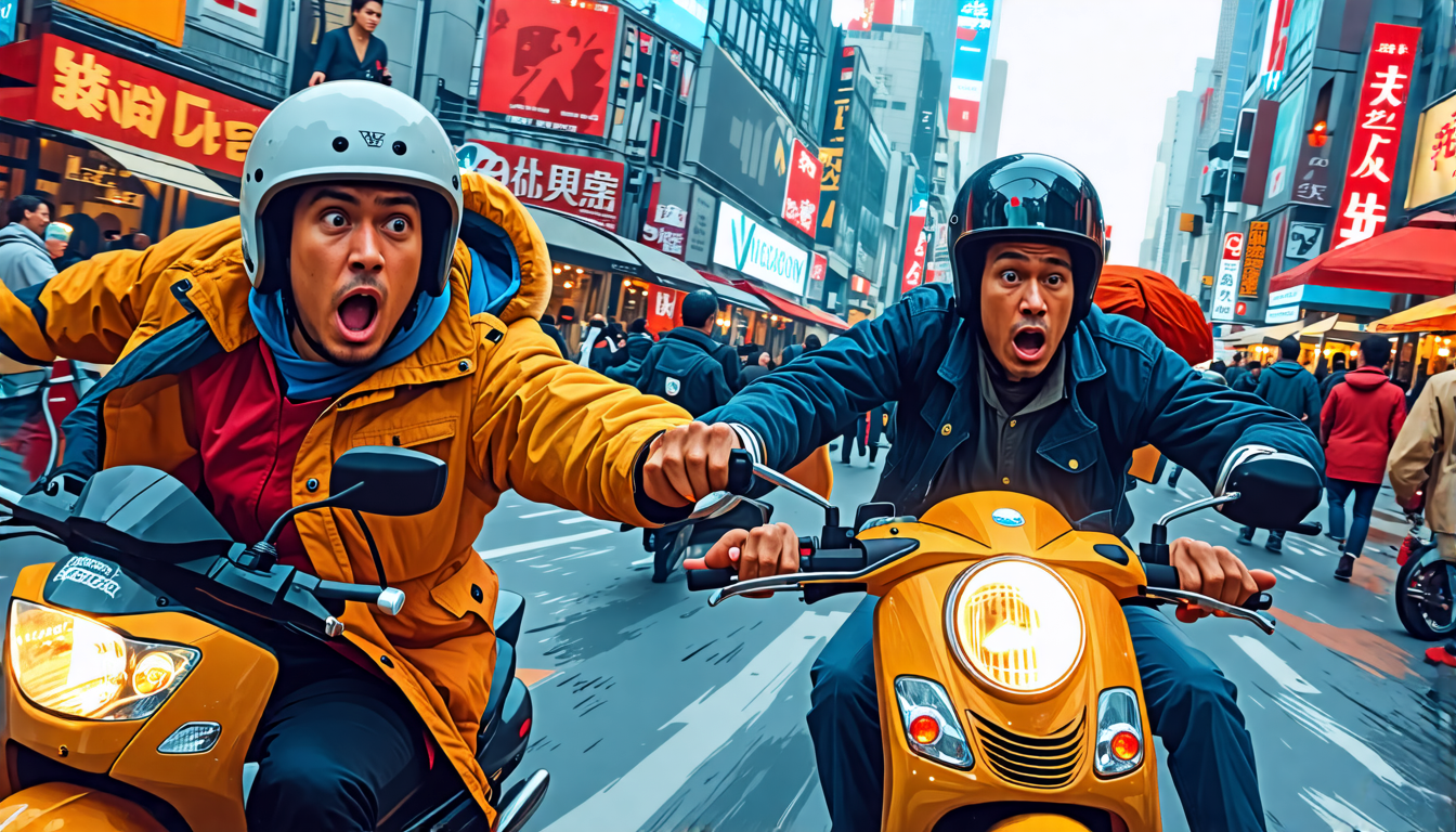 Create an image depicting a bustling urban street scene with a moped gang speeding down the road. Focus on one individual in the foreground, looking surprised and alarmed as they reach out towards the