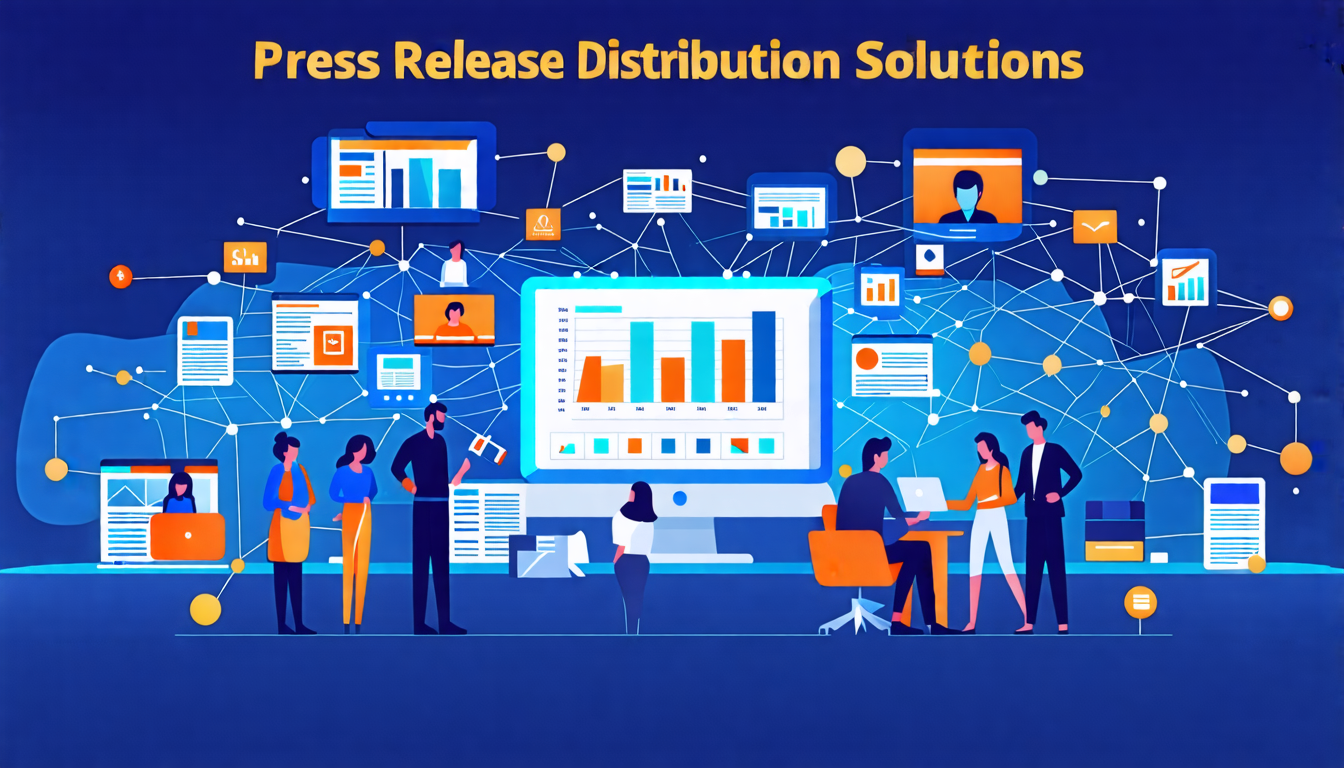 Create an imaginative and professional image that visually represents the concept of Press Release Distribution Solutions. The scene should include digital elements such as a network of interconnected