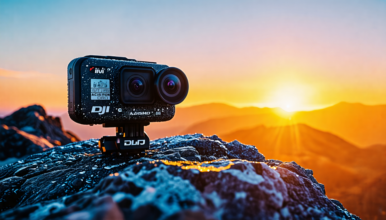 Create an image of a high-tech action camera, the DJI Osmo Action 5 Pro, resting on a rocky mountain summit at sunrise. The camera is partially covered in dew, glistening under the golden morning ligh