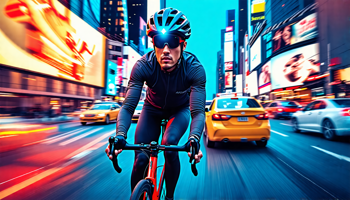 Create an image of a determined cyclist wearing a high-tech helmet with a built-in camera, riding through a bustling city street. The cyclist is capturing footage of reckless drivers, with various veh