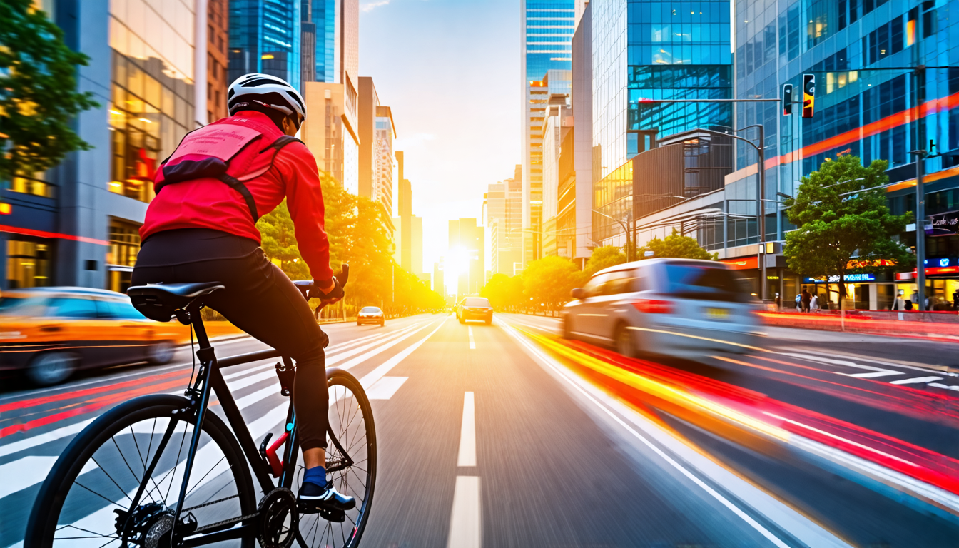 Create an image of a cyclist mounted with a high-tech bike camera navigating through a busy city street. The scene includes detailed elements like vehicles, pedestrians, and various urban settings to